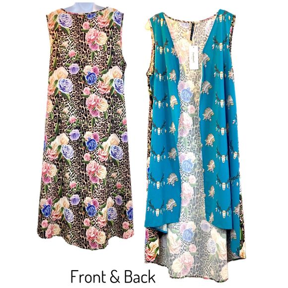 Open Front Sleeveless Duster Cardigan L Asymmetrical Leopard Floral Boho Western - Picture 1 of 13